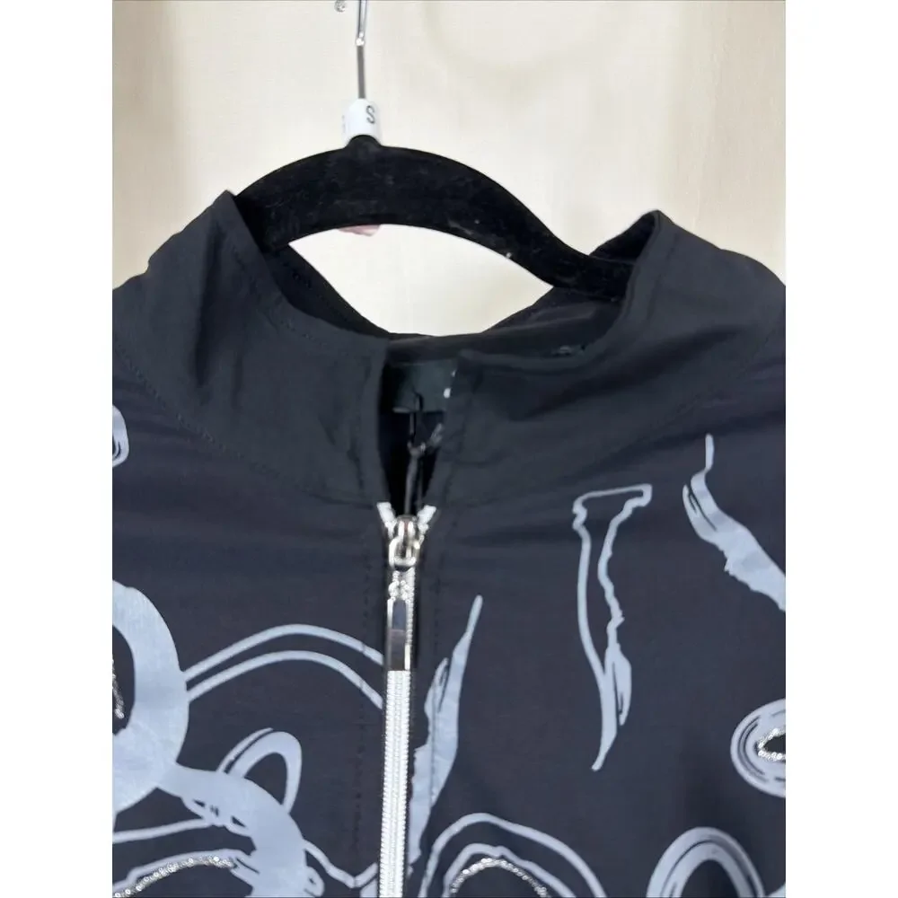 NWT Sassy Black Patterned Cuffed Sleeves High Low Hem Zip Up Jacket #1151 SZ SM